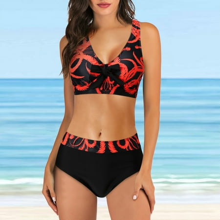 Swimsuit Women Women Tow Piece Vintage Swimsuit Two Piece Retro Halter Ruched Wrap Front High Waist Print Bikini Set