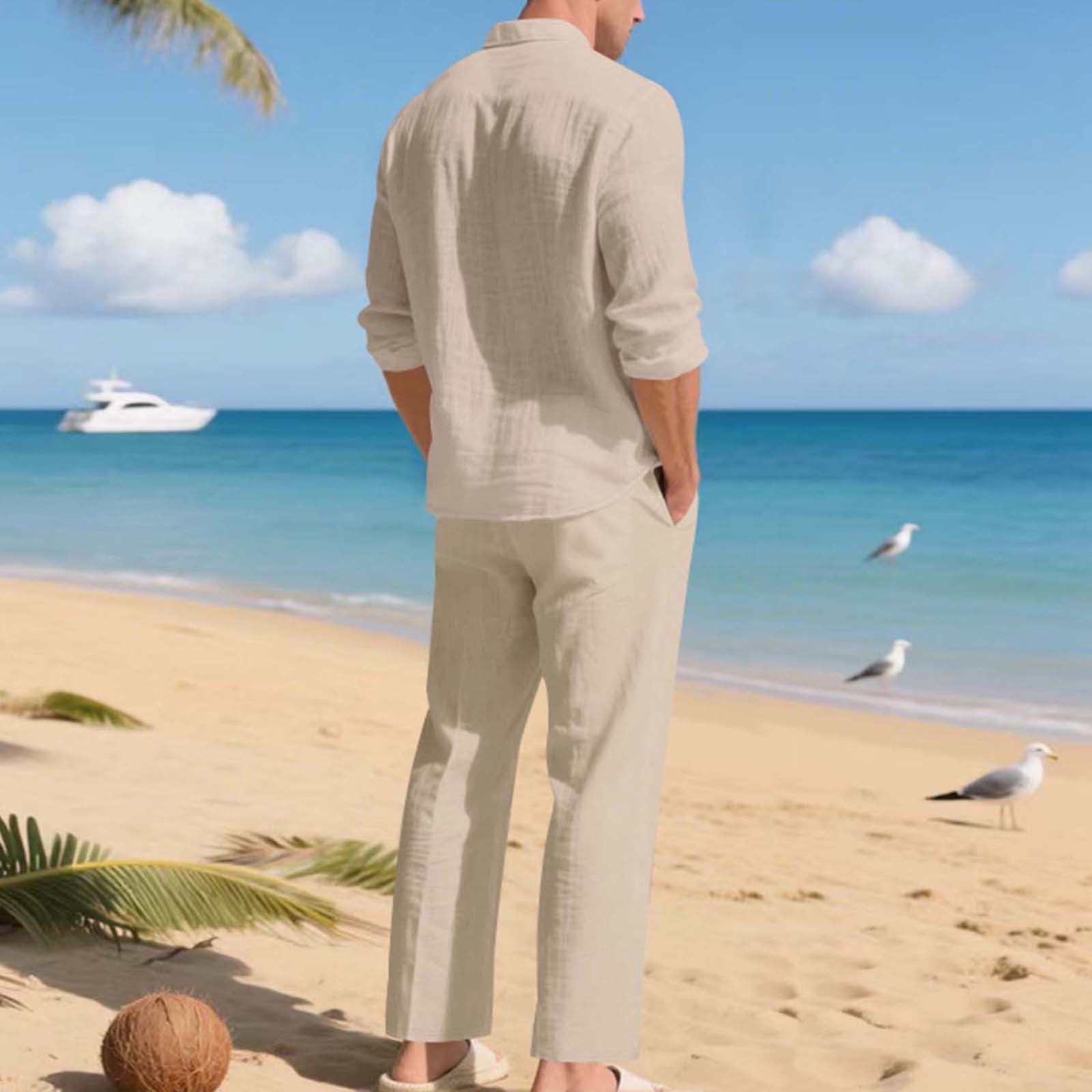 Men's Linen Casual Outfits Piece Solid Color Cuban Shirt and Pants Set Lightweight Beach Vacation Suit