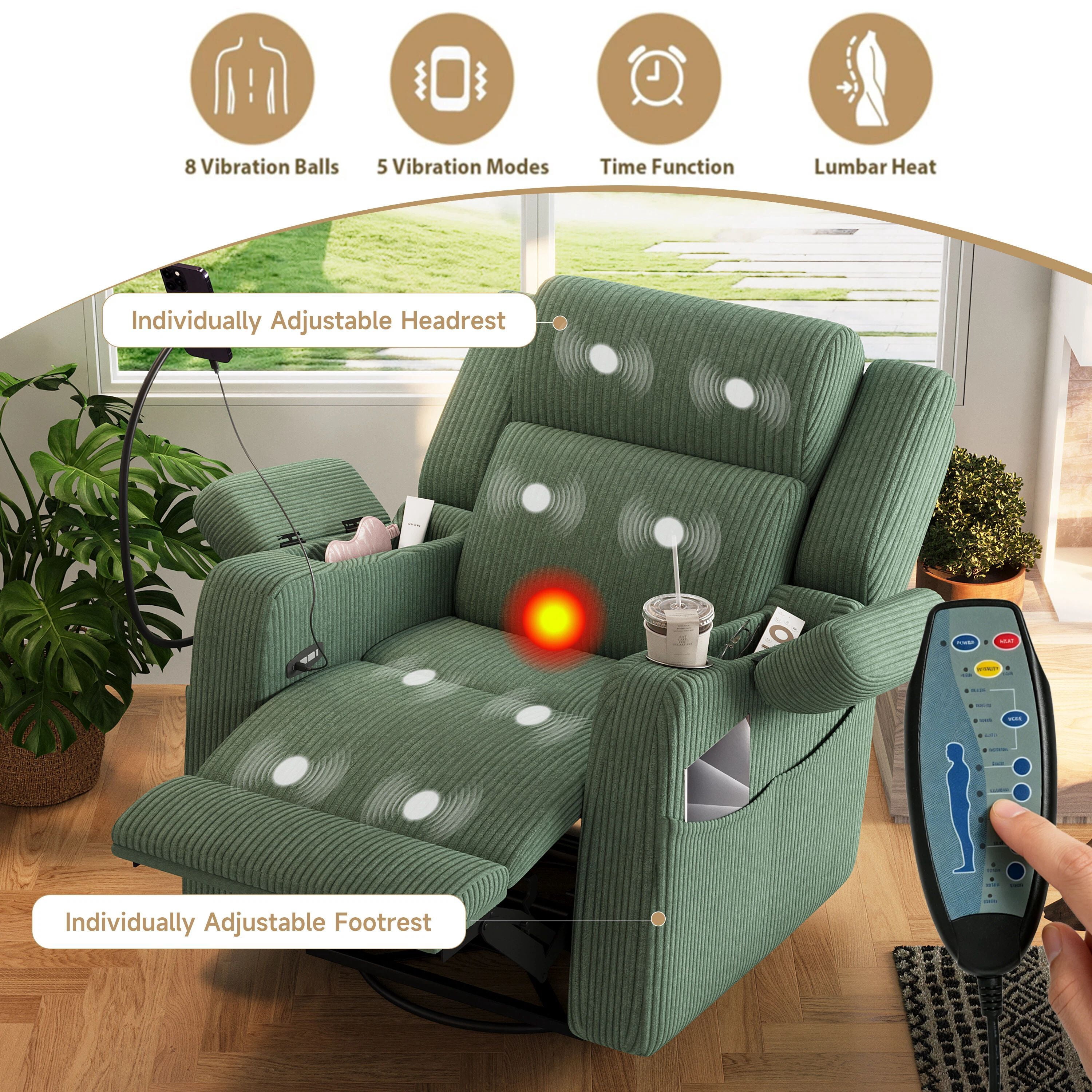 Euroco Power Recliner Chair for Adults, 270° Swivel Rocker Recliner with Heat and Massage,Phone Holder & USB Ports,Side Pockets, Cup Holder,Electric Glider Nursery Chair with Hidden Storage,Green
