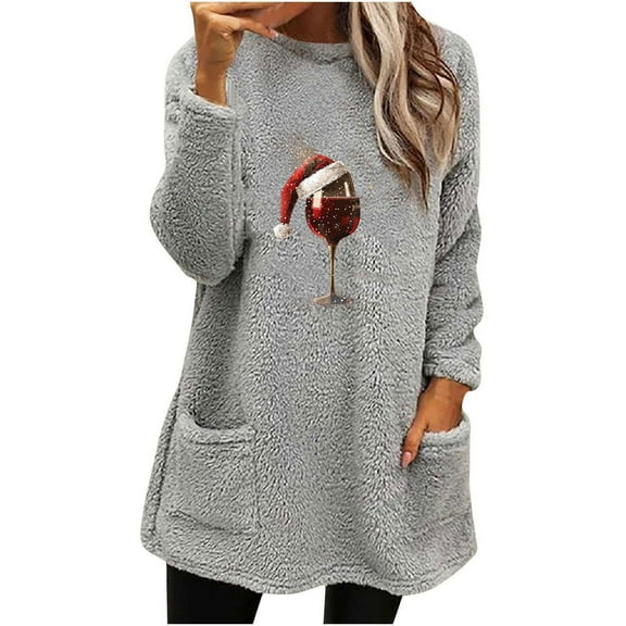 asdoklhq Women's Sweatshirt Women's Christmas Round- Neck and Winter Loose Solid Pocket Warm Long Sleeve Blouse Gray L