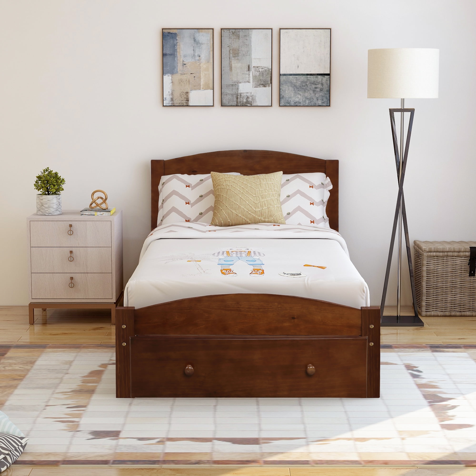 Kepooman Twin Size Modern Bed Frame with Storage Drawer, 79.5”L X 41.3”W X 36.1”H, Walnut Kepooman Twin Size Modern Bed Frame with Storage Drawer, 79.5”L X 41.3”W X 36.1”H, Walnut