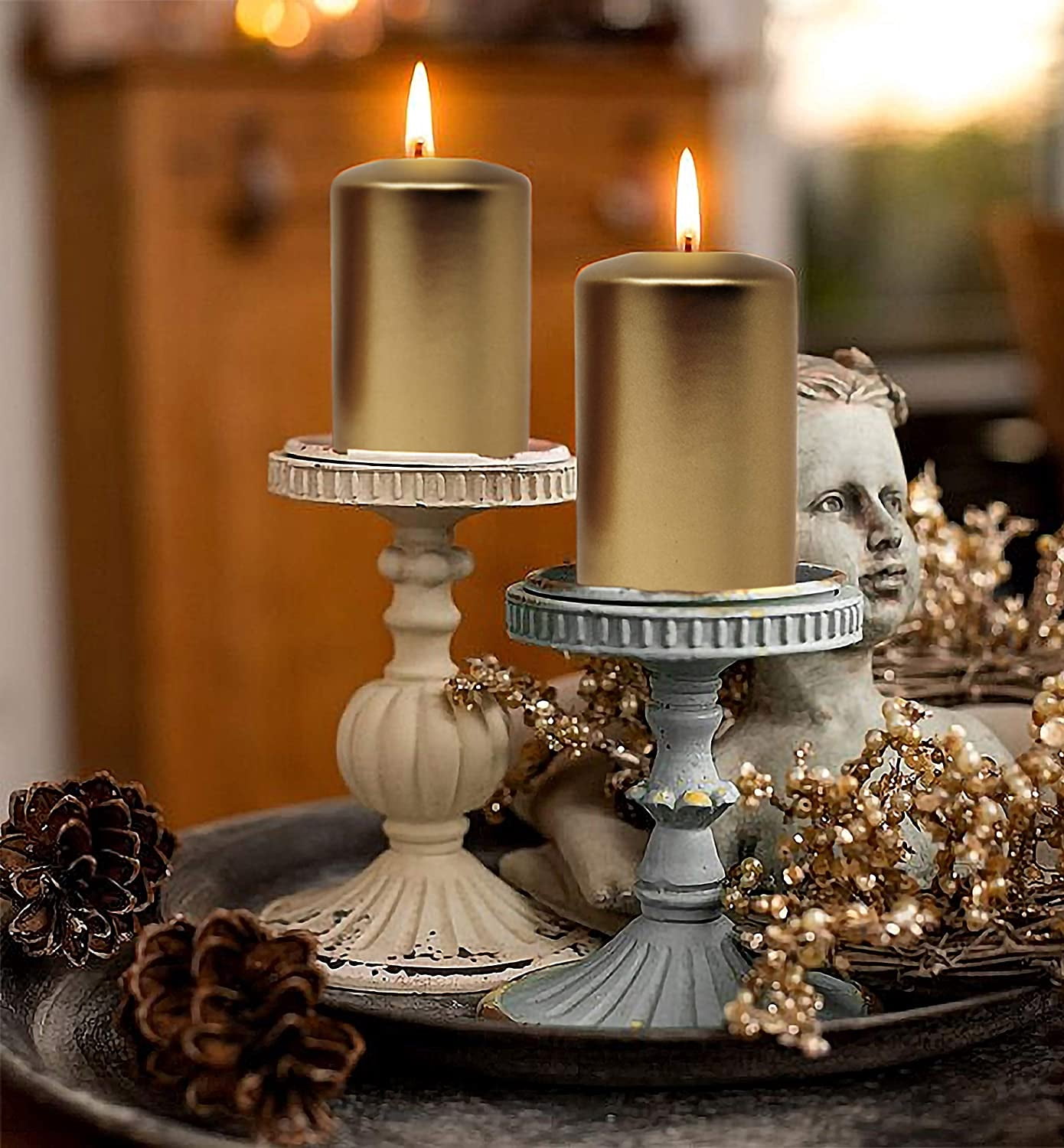 Hyoola 2.75 x 5 inch Metallic Antique Gold Unscented European Made Pillar Candles, Paraffin Wax with Cotton Wicks, 6-Pack