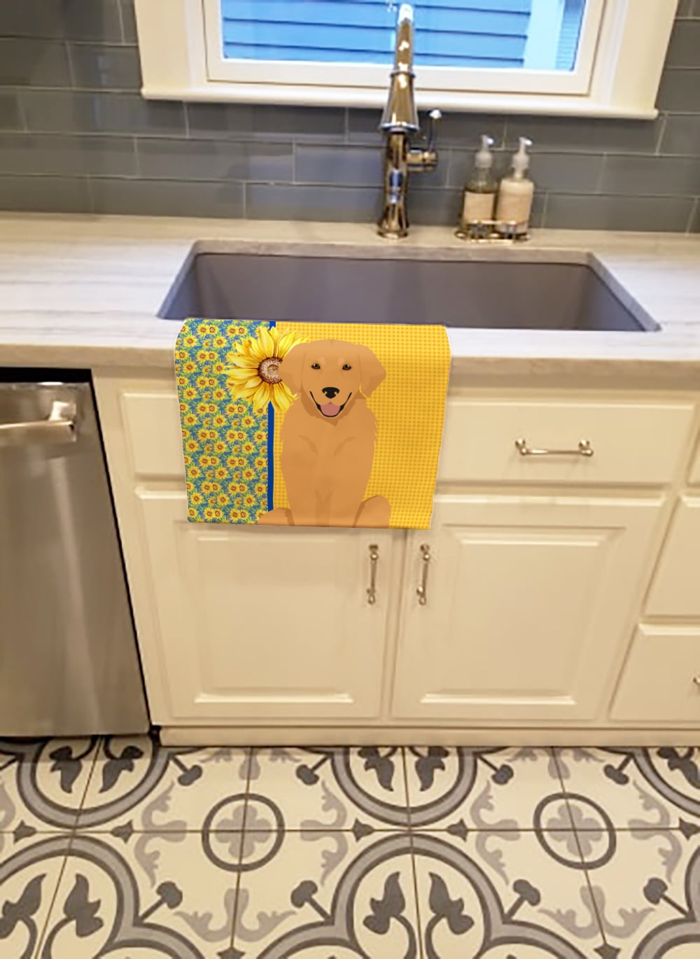 Summer Sunflowers Gold Golden Retriever Kitchen Towel