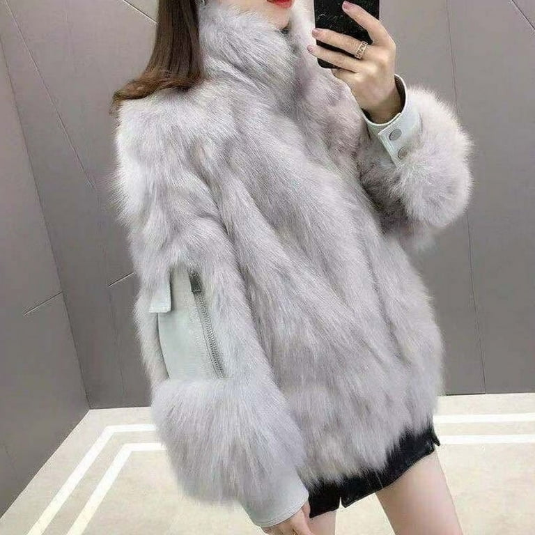 White Faux Fur Collar Zipper Coat