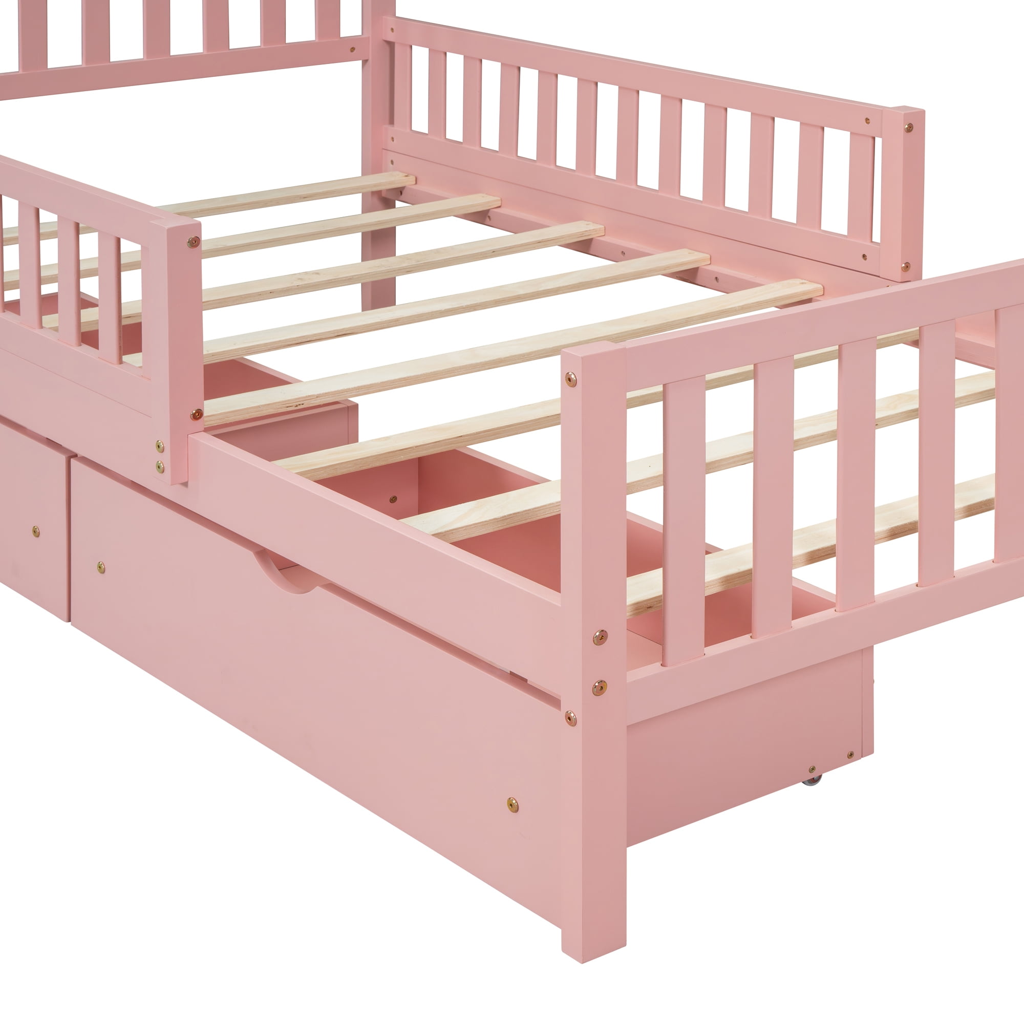 Jopath Twin Size Wood Platform Bed with Guardrails on Both Sides and Two Storage Drawers for Toddler Kids Teens,Pink