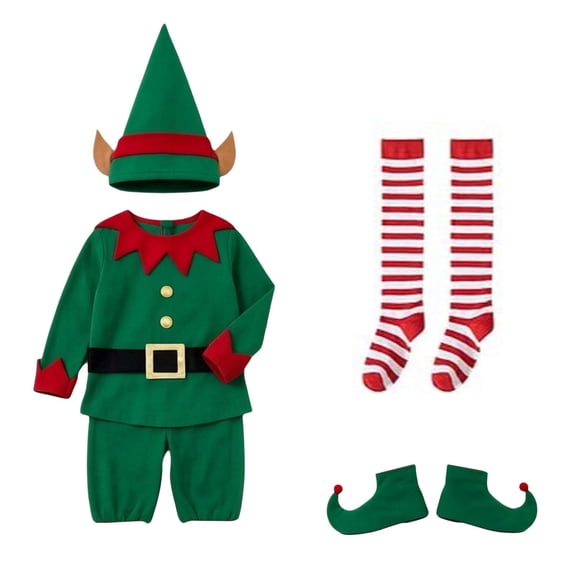 Byoo Toddler Boy 5 Pcs Elf Outfit Christmas Role Play Tee Pants Hat Socks Shoes Party Xmas Clothes Set, Sizes 3-14 Y
