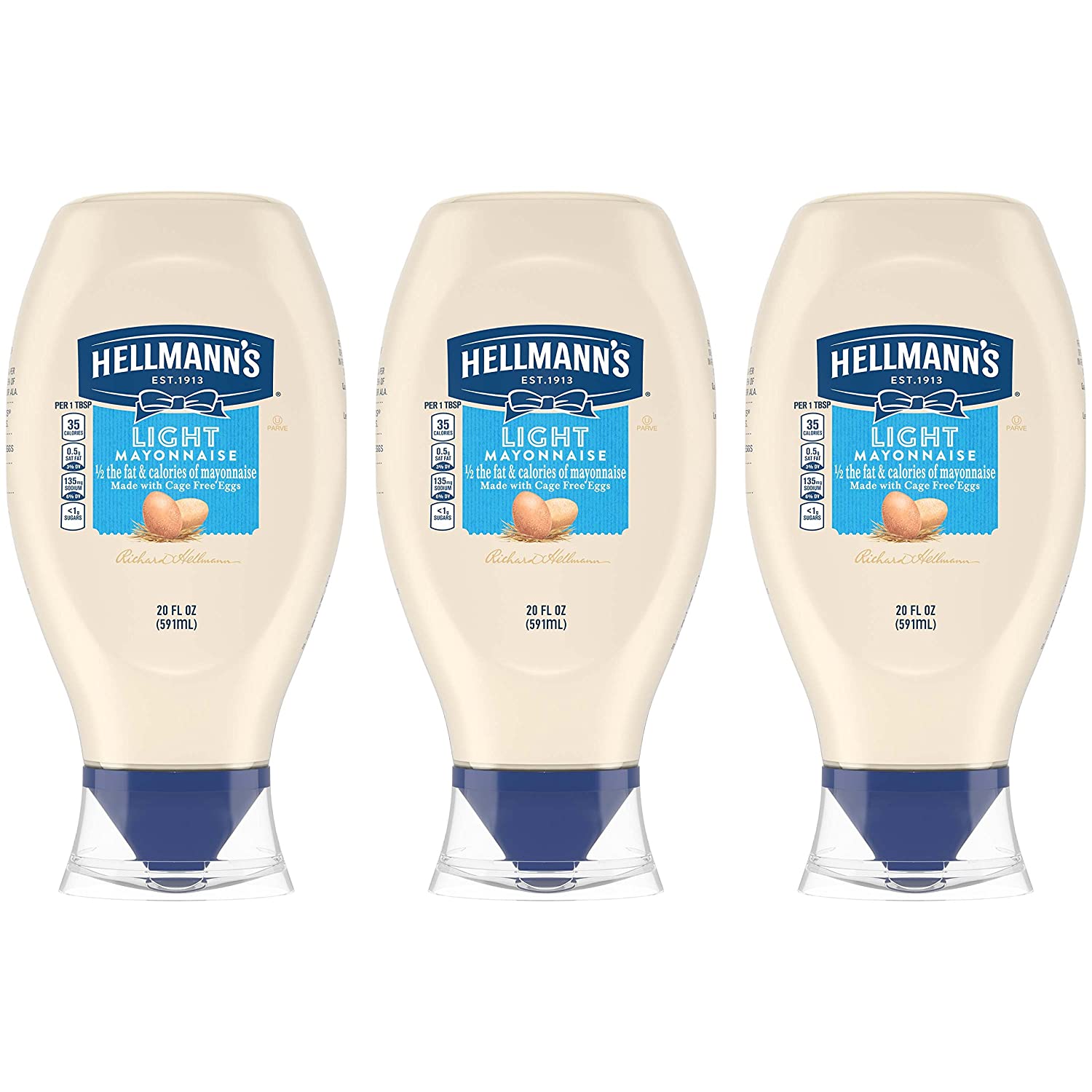 Hellmanns Light Mayonnaise, Squeeze, 20 Fl oz, 3 Pack
