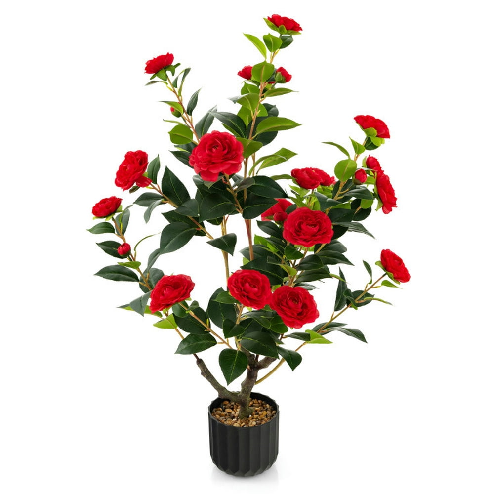 Spaco 38 inch Artificial Camellia Tree, Faux Flower Plant in Cement Pot 2 Pack, Artificial Plant Faux Flower Plant for Indoor and Outdoor, Red