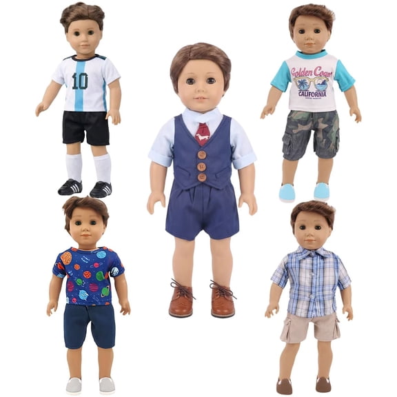 AmaMary 18 Inch Boy Doll Clothes Set - 5 Pack Doll Outfits for Boys with Sports Jersey, Formal Wear & Casual T-Shirts - Soft, Washable Doll Clothing Set as Birthday Gift for Kids & Christmas Gift Toy