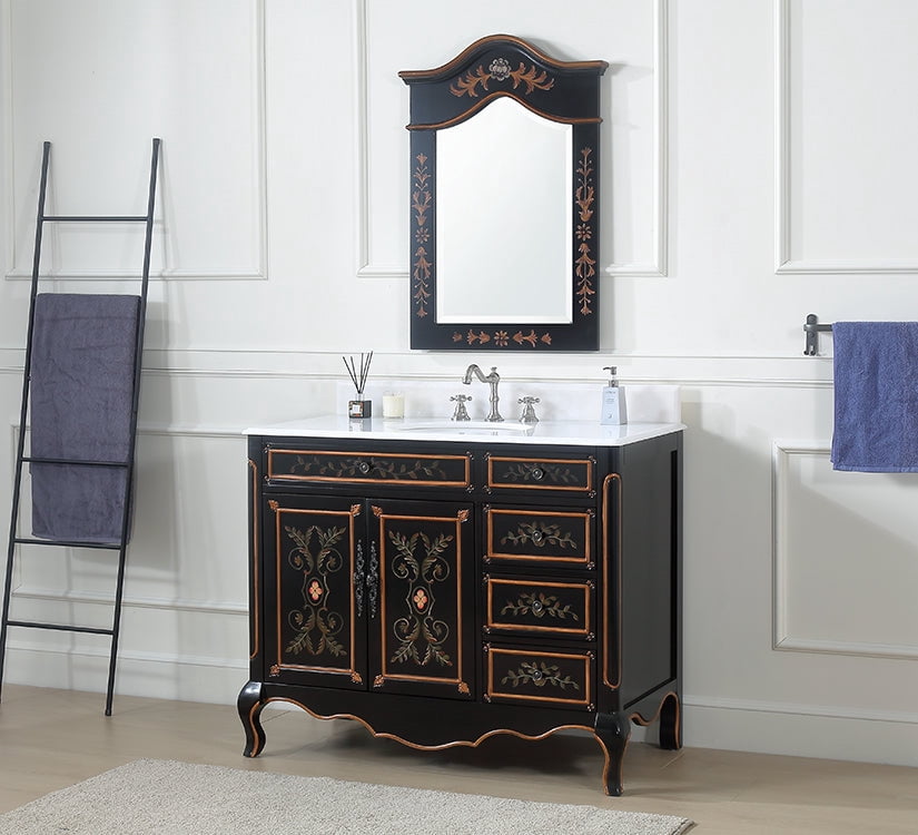 Benton Collection 42" Black Hand-Painted Floral Bathroom Vanity with White Marble Top