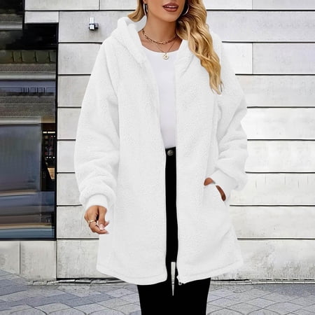 Winter Long Coats for Women,Women's Fashion Solid Color Daily Fleece Warm Long Sleeve Zipper Long Sleeve Knee Length Hoodie Top,Winter Zipper Overcoat Outerwear White_XL