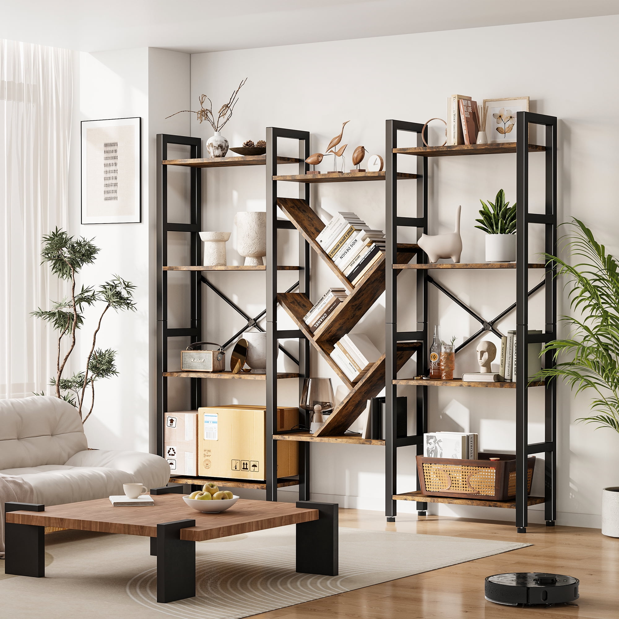 4-Tier Large Wooden Bookcase with 14 Open Display Shelves, Modern Tree Design, Metal Frame, Tall Bookshelf for Living Room, Office, or Study