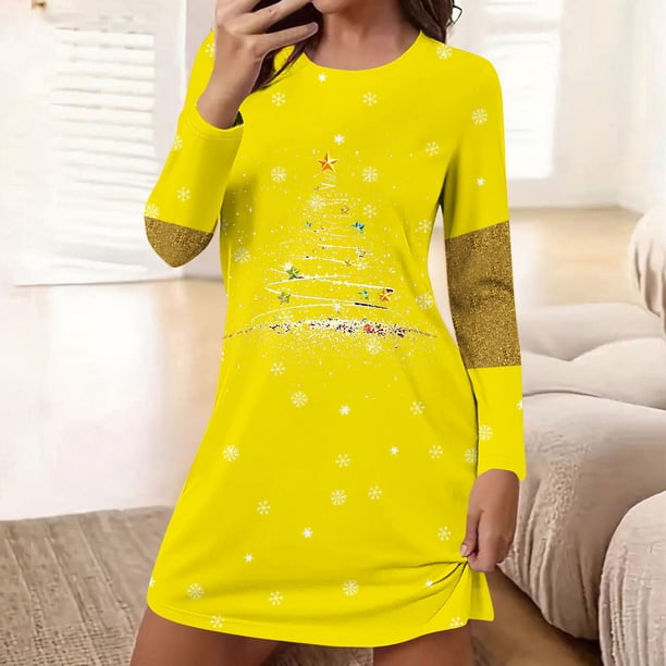 Camisón corto holgado y cómodo con cuello redondo y manga larga estampado para mujer