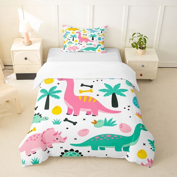 Homewish Funny Dino Twin Duvet Cover,Kawaii Wild Dinosaur Twin Bedding,Pink,2-Piece,1 Duvet Cover and 1 Pillowcase