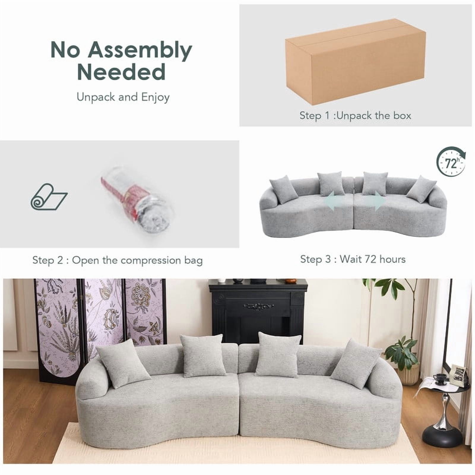 Curved Sectional Sofa with 4 Throw Pillows, Modern Luxury Chenille 4-Seater Cloud Couch with Deep Seat for Living Room, No Assembly Needed