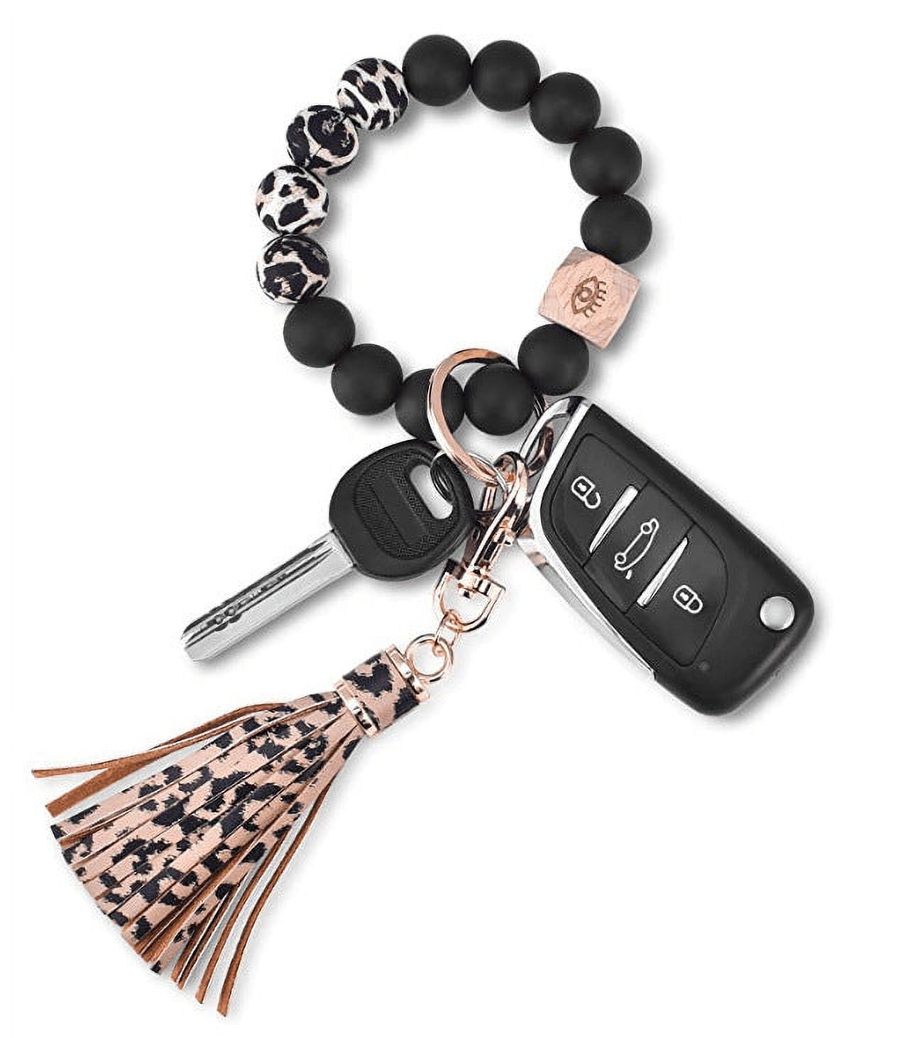 Womens Silicone Wristlet Keychain with Wood Beads Bracelet Key Ring for Handbags Car Decoration and Girls Women Pendant