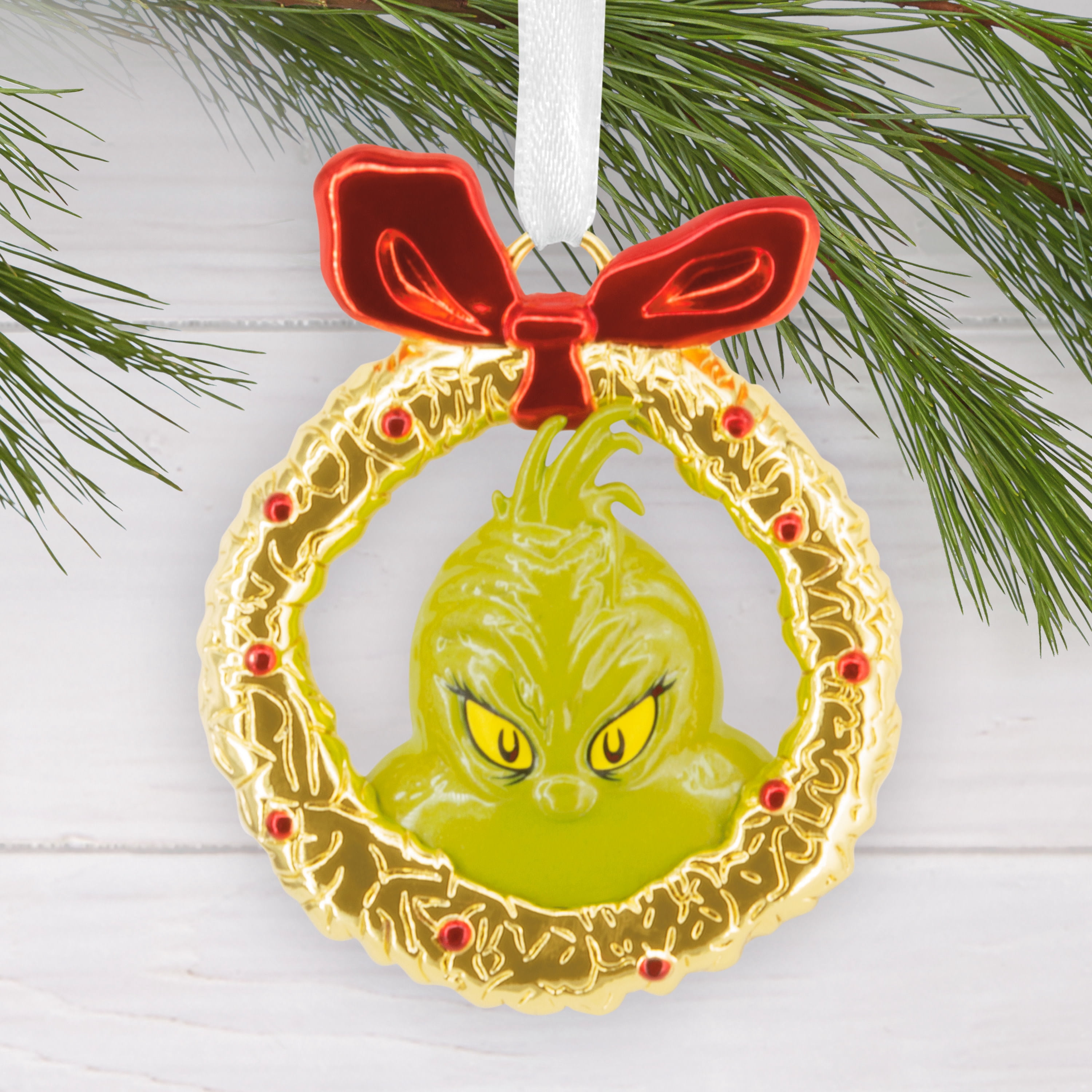 Hallmark Christmas Ornament (Grinch in Wreath, Metal), 1 Count