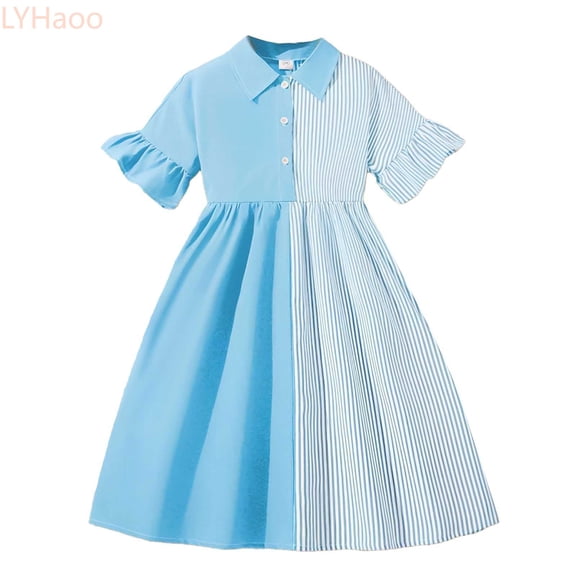 LYHaoo Summer Girls Striped Color Block Princess Dress Casual Short Sleeve Dress For Big Kids,Girls A Line Dresses Sizes 9-10 Years Blue