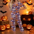 thumbnail image 3 of Women's Halloween Loungewear Set Short Sleeve V Neck Top and Cropped Pants with Pockets Ghost Pumpkin Print Breathable Soft Pajama Set for Home Outdoor Purple Pink S, 3 of 6