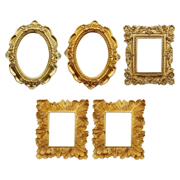 5Pcs Mini Vintage Picture Frames, Resin Gold Flower Oval Rectangle Frame, Antique Photo Frame for Holiday Party Hotel Decor