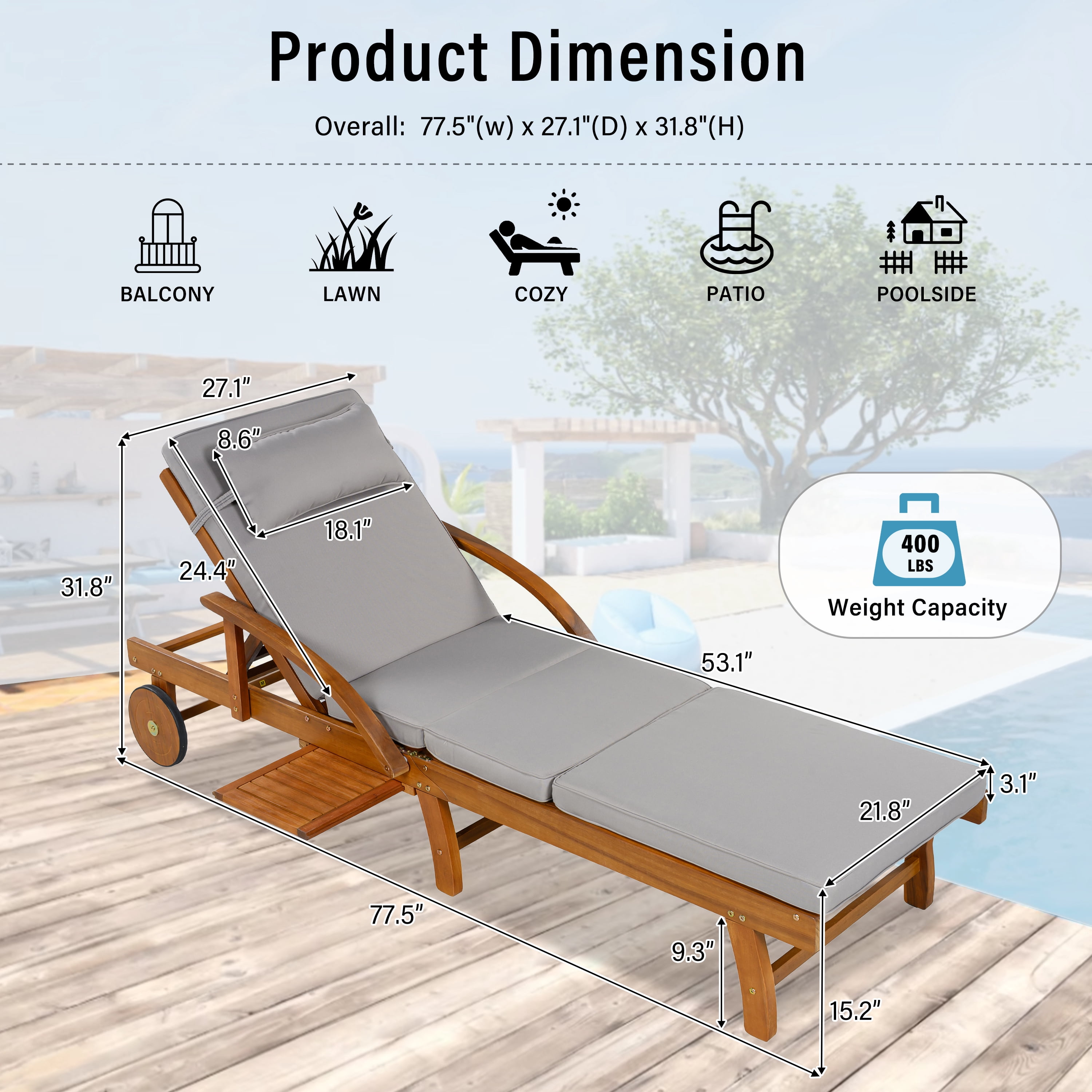 77.5" Acacia Wood Outdoor Patio Chaise Lounge Chairs with Adjustable Backrest and Side Tray