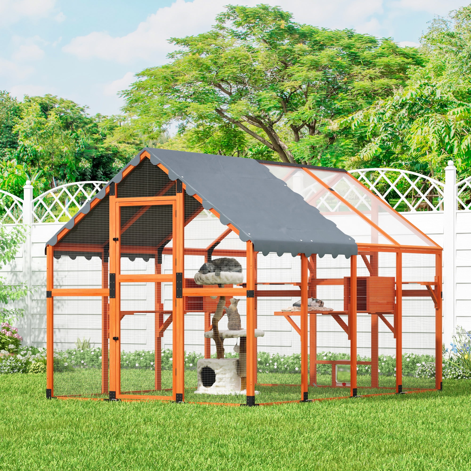 COZIWOW 53.4ft² Outdoor Cat Enclosure Wooden Catio for Multiple Cats with Platforms Walk-in Door