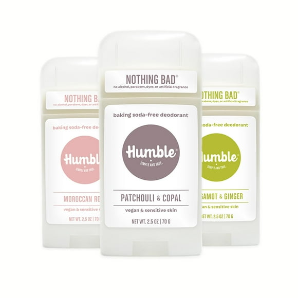Humble Brands Desodorante sin aluminio, vegano y libre de crueldad, formulado para pieles sensibles, pachulí, copal, bergamota, jengibre, rosa marroquí, 2.5 onzas (paquete de 3)