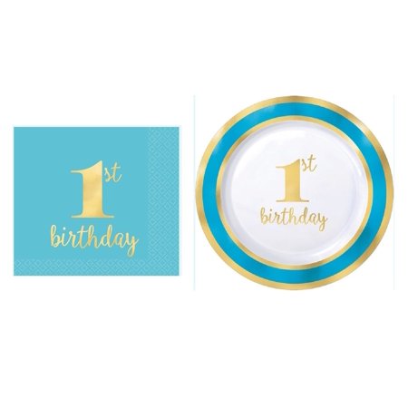 First 1st Birthday Premium Hot Stamped Dessert Plates with Beverage Napkins Boys Blue and Gold