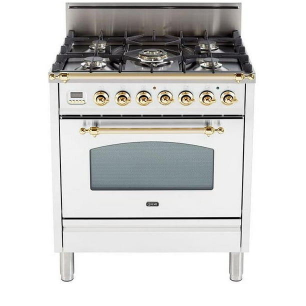 Ilve UPN76DVGGB Nostalgie Series 30 Inch Gas Convection Freestanding Range, 5 Sealed Brass