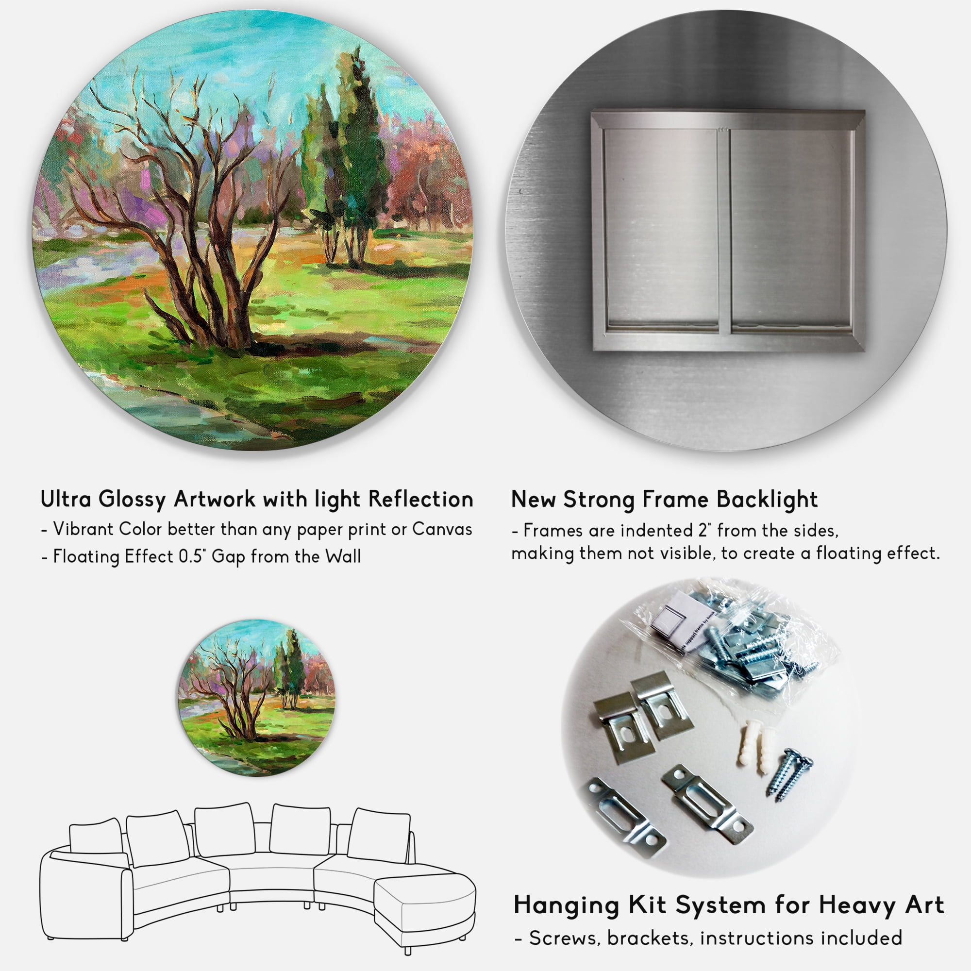 Designart 'Two Distant Trees In A Vibrant Green Landscape' Traditional Circle Metal Wall Art 11x11 - Disc of 11