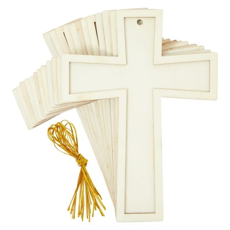 12 Unfinished Small Wooden Crosses with Gold String for DIY Crafts, Wood Cross Ornaments for Easter Tree (3.8 x 5 In)