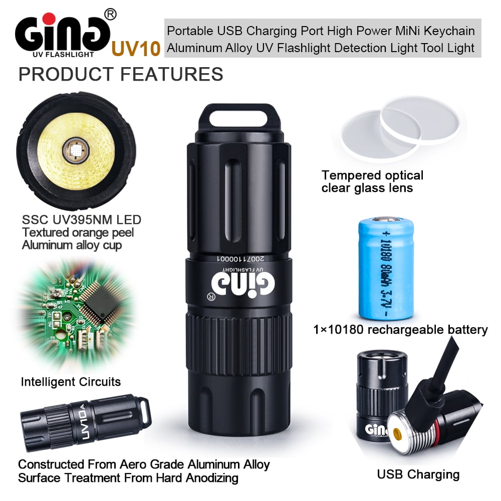 GING UV FLASHLIGHT 395nm Flashlight LED High-Power USB Rechargeable Mini Keychain UV Torch for Glue,Lamp -Spot Scorpions, Pet Urine, Counterfeit Money, Resin…(UV10-395nm)