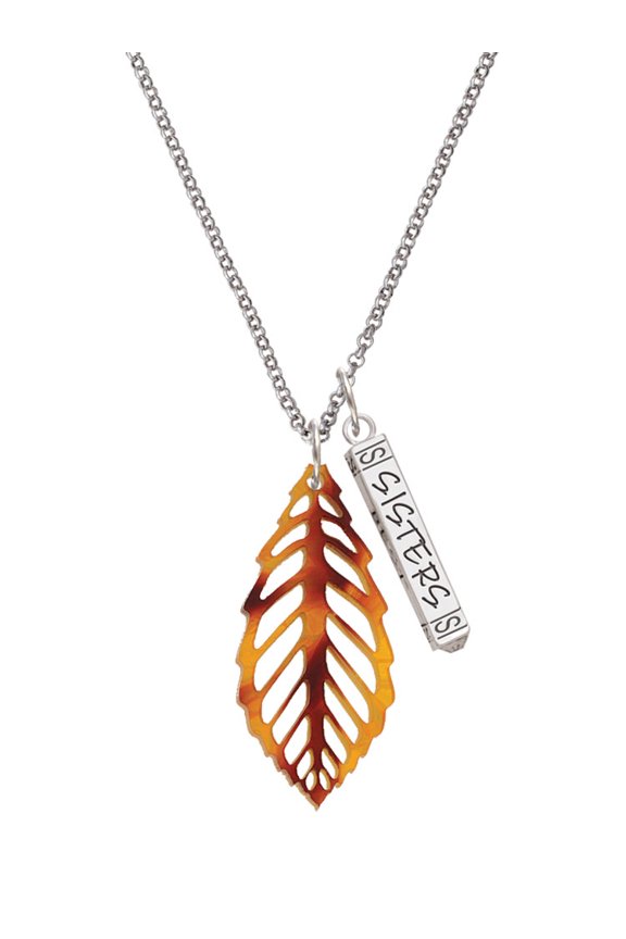 Acrylic Large Leaf Orange Brown Silvertone Sisters Best Friends Forever Bar Charm Necklace, 23"