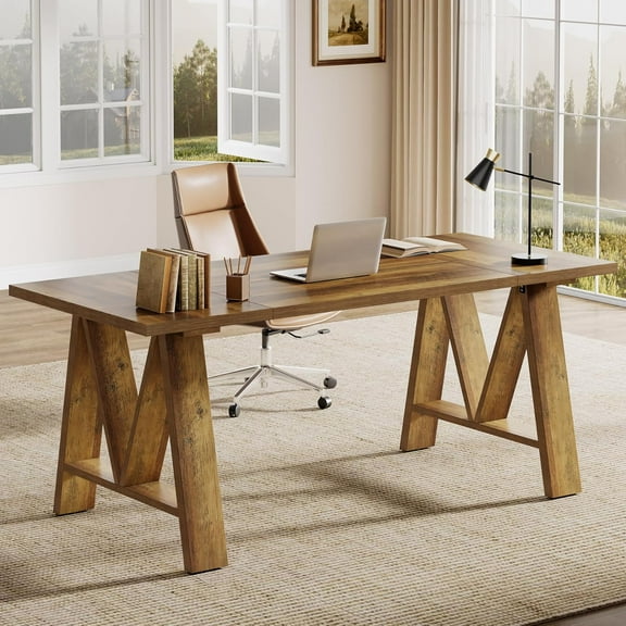 Tribesigns 63" Farmhouse Executive Desk, Wooden Office Computer Desk with Sturdy Legs, Large Workstation Writing Desk for Home Office, Brown