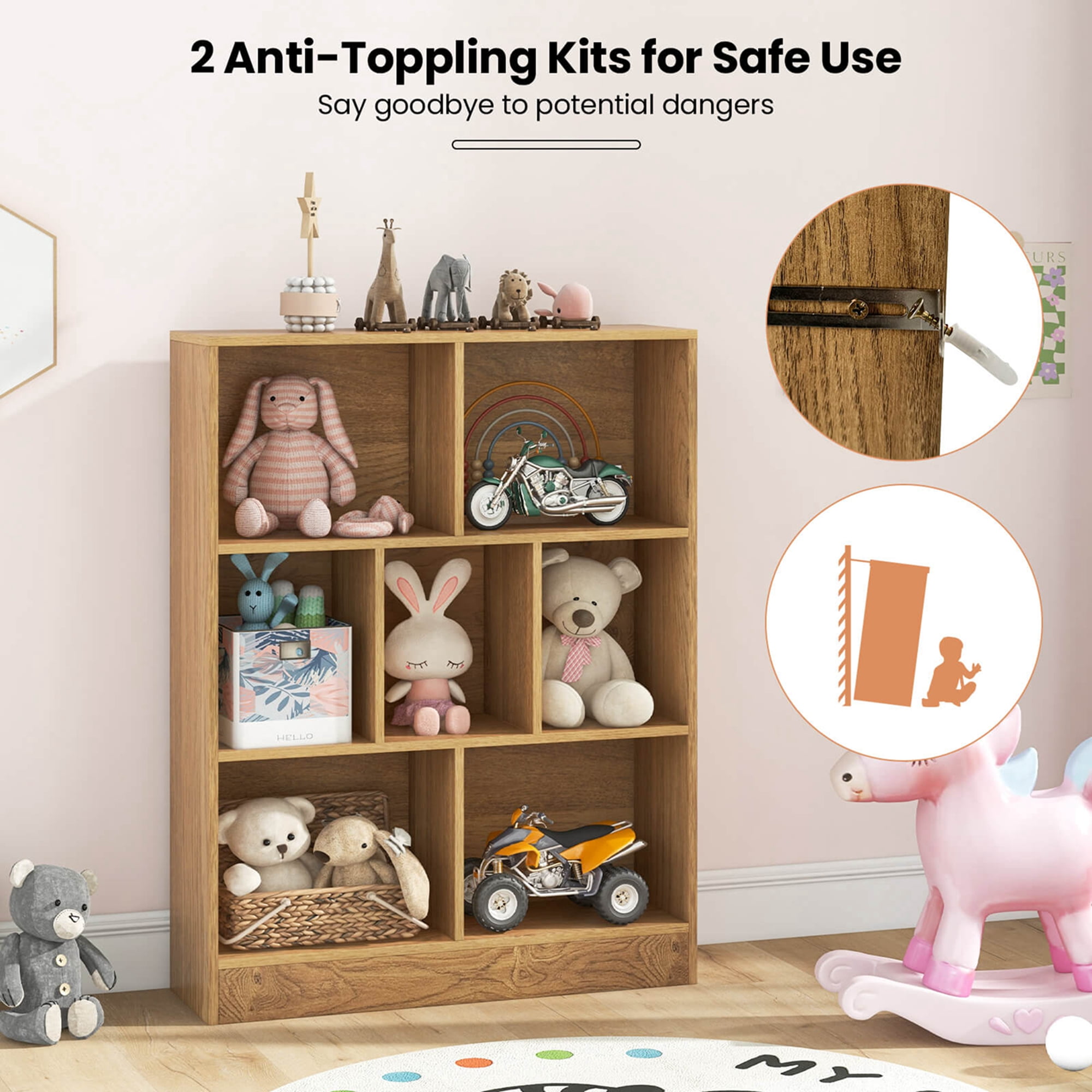 Costway 7-Cube Bookcase for Kids 41" Wooden Toy Storage Organizer Freestanding Bookshelf Brown