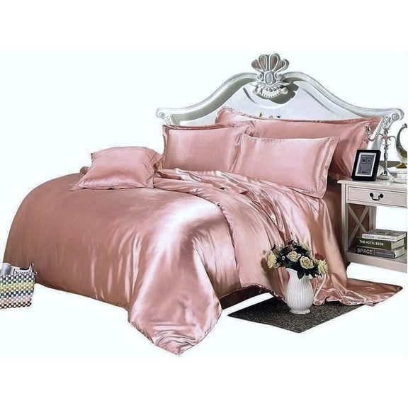 Kanak Bedding All-Season Ultra Soft 500 GSM Queen Size Silky Satin 7Pcs Comforter Set (Comforter Fitted 15" Flat 4 Pillow Case) Rose Pink