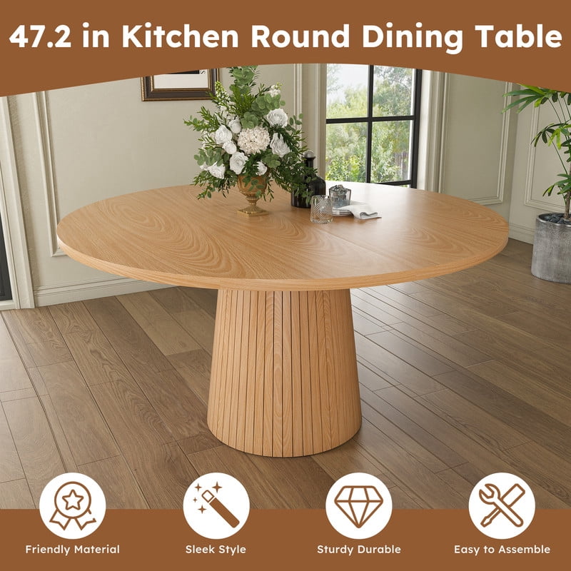47.2'' Round Large Dining Table for 4, Accent Kitchen Dinner Table with Striped Base, Wood Side Table with Metal Frame