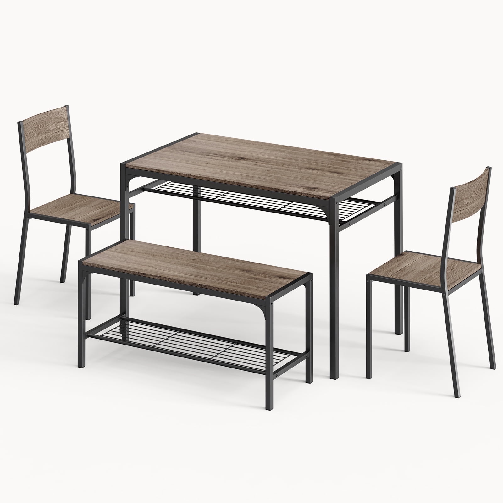Asofer 4 Piece Dining Table Set for 4 with 2 Chairs & Bench, Kitchen Table with Storage Rack, Space Saving Dining Set for Small Space, Apartment, Gray