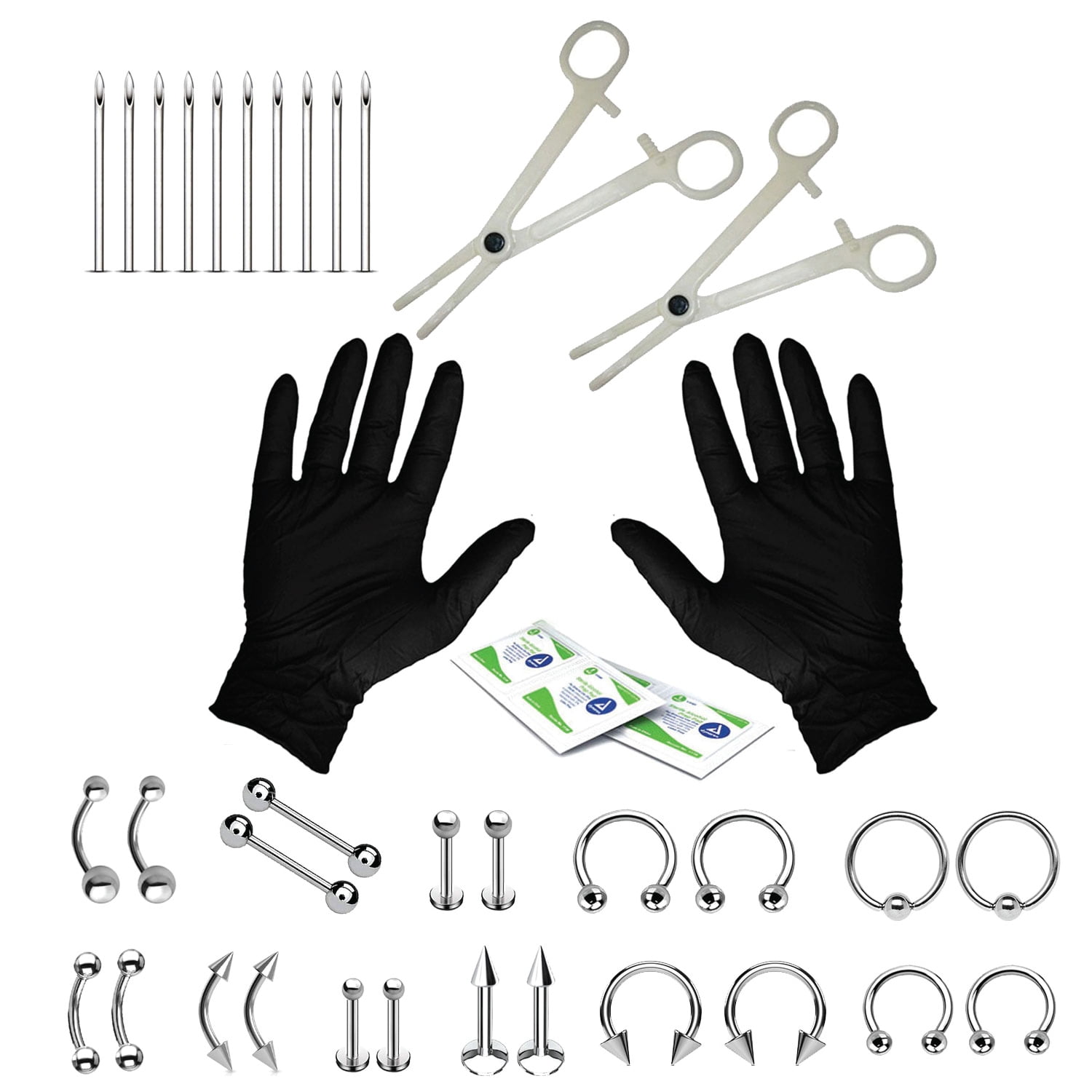 Body Piercing Kit 114 PCS Stainless Steel Industrial Piercing Kit with 14G 16G 18G Piercing Needles Clamps for Belly Button Lip Tongue Nose Septum Ear Cartilage Body All Professional Piercings