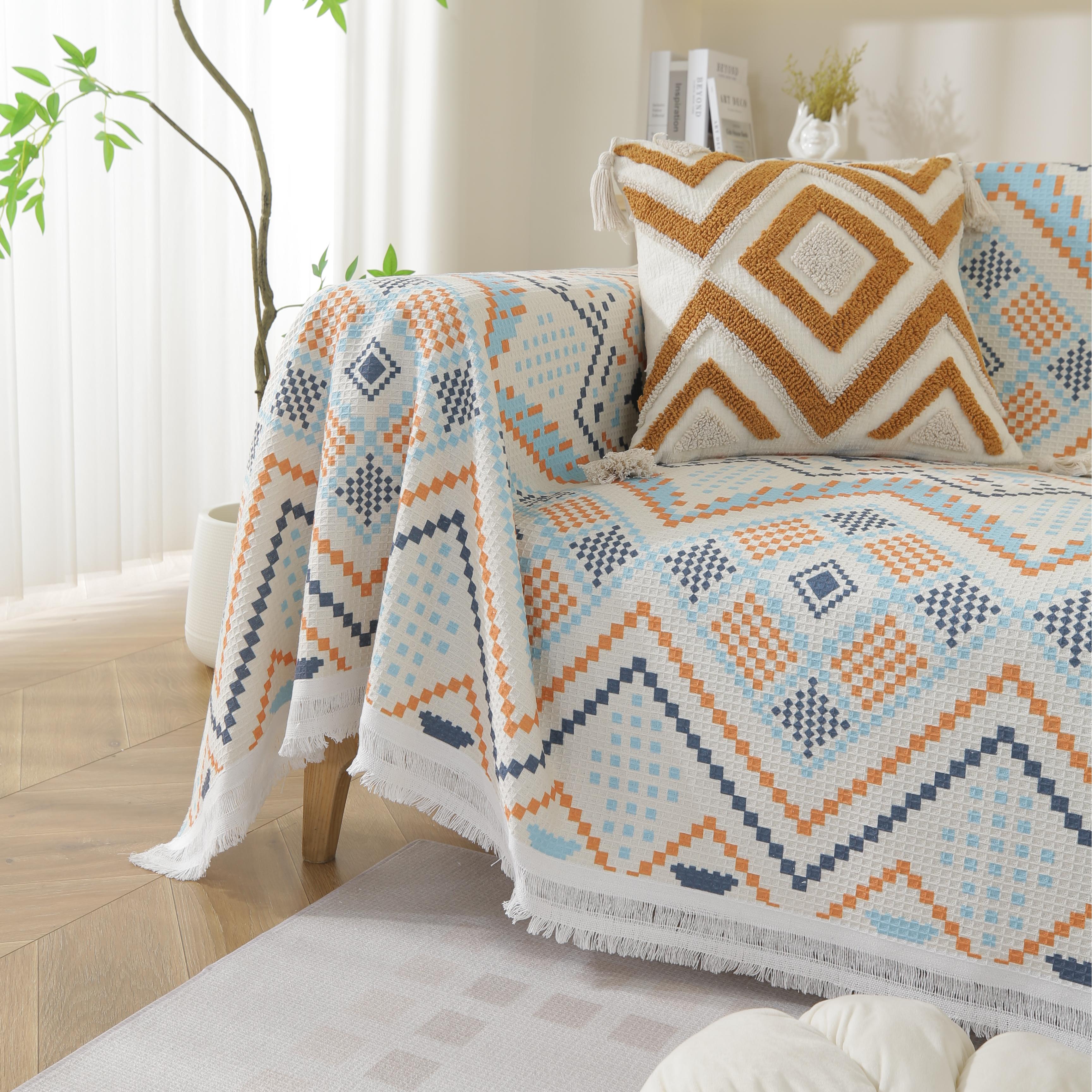 Croniis Boho Sofa Cover with Anti-slip Velcro Tape, Couch Blanket Cover Sectional Sofa Cover for Boho Style, Revitalizing the Old Sofa,Couch Protector,Printing Process 71*150in