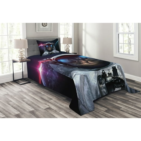 Space Cat Bedspread Set, Cosmonaut Kitty in Galaxy Cosmos Nebula Stars with Eclipse Image, Decorative Quilted Coverlet Set with Pillow Shams Included, Dark Blue Black and White, by Ambesonne