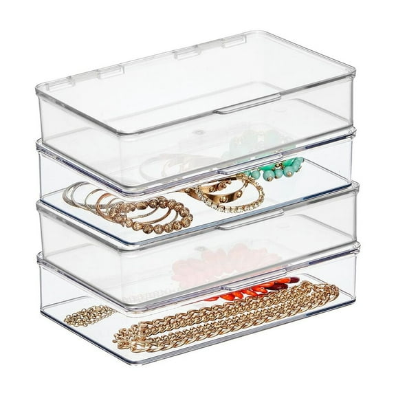 mDesign Plastic Bedroom Closet Storage Organizer Box, Hinge Lid, 4 Pack, Clear