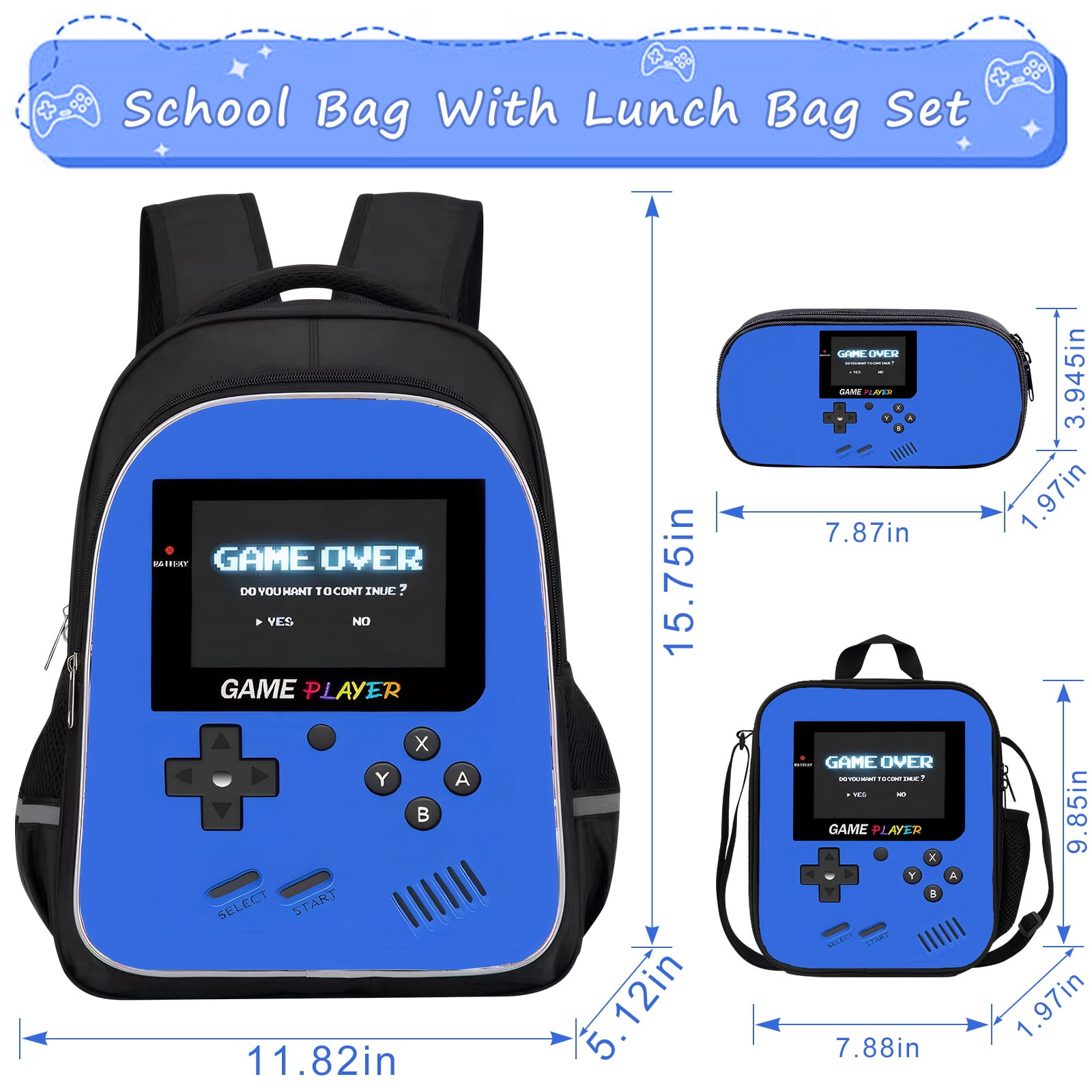 Inadays Backpacks for School 3 Pcs Gamer Bookbag with Lunch Box & Pencil Pouch Set