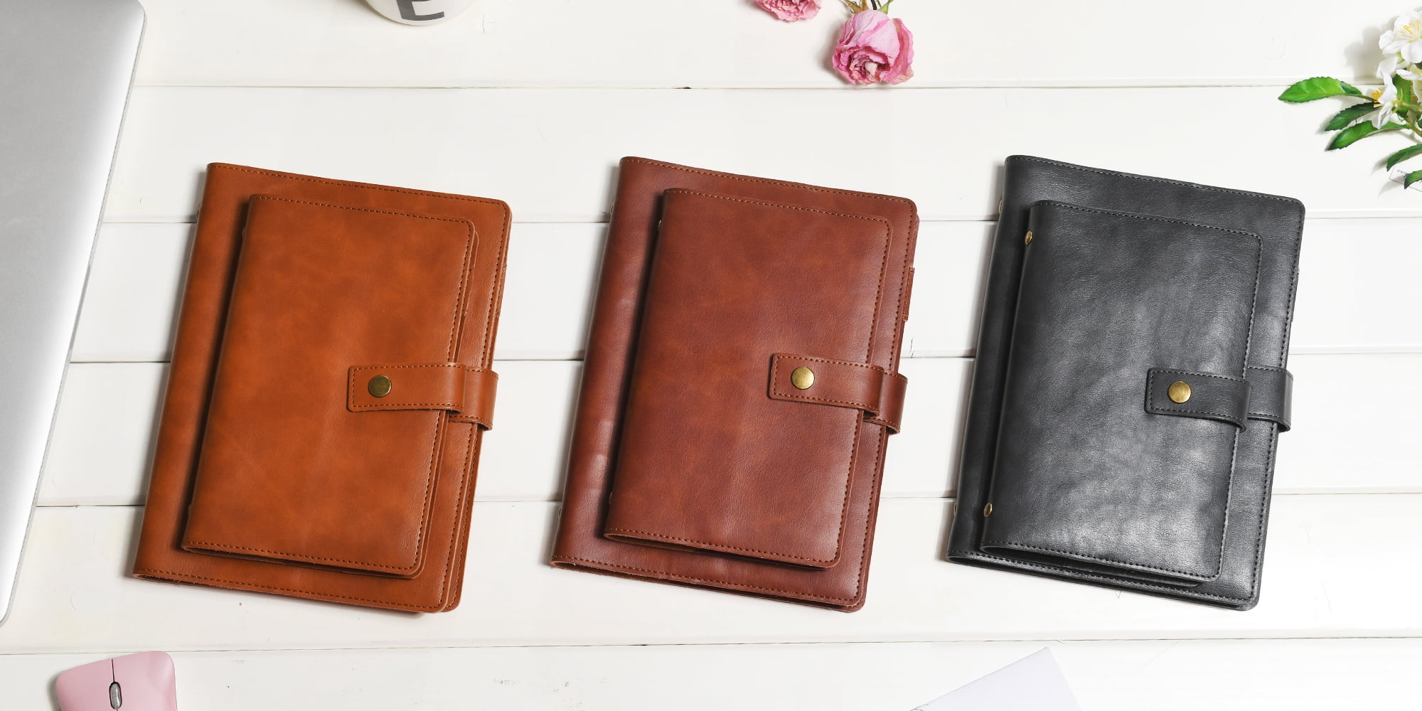 Wonderpool A6 Leather Journal Refillable Notebook Spiral Diary Binder Portfolio - Dotted Paper & Inner Pockets Organizer (Brown, A6)