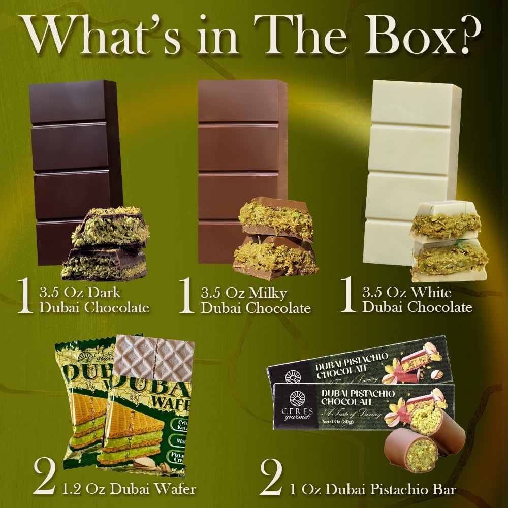 Dubai Chocolate Variety Pack – Milky, Dark & White Chocolate and Dubai Wafers, 7 Count
