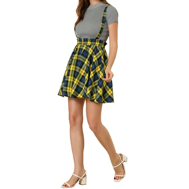 Allegra K Women's Suspender Skirt Tartan Plaid Button Decor Skater Mini  Skirts 