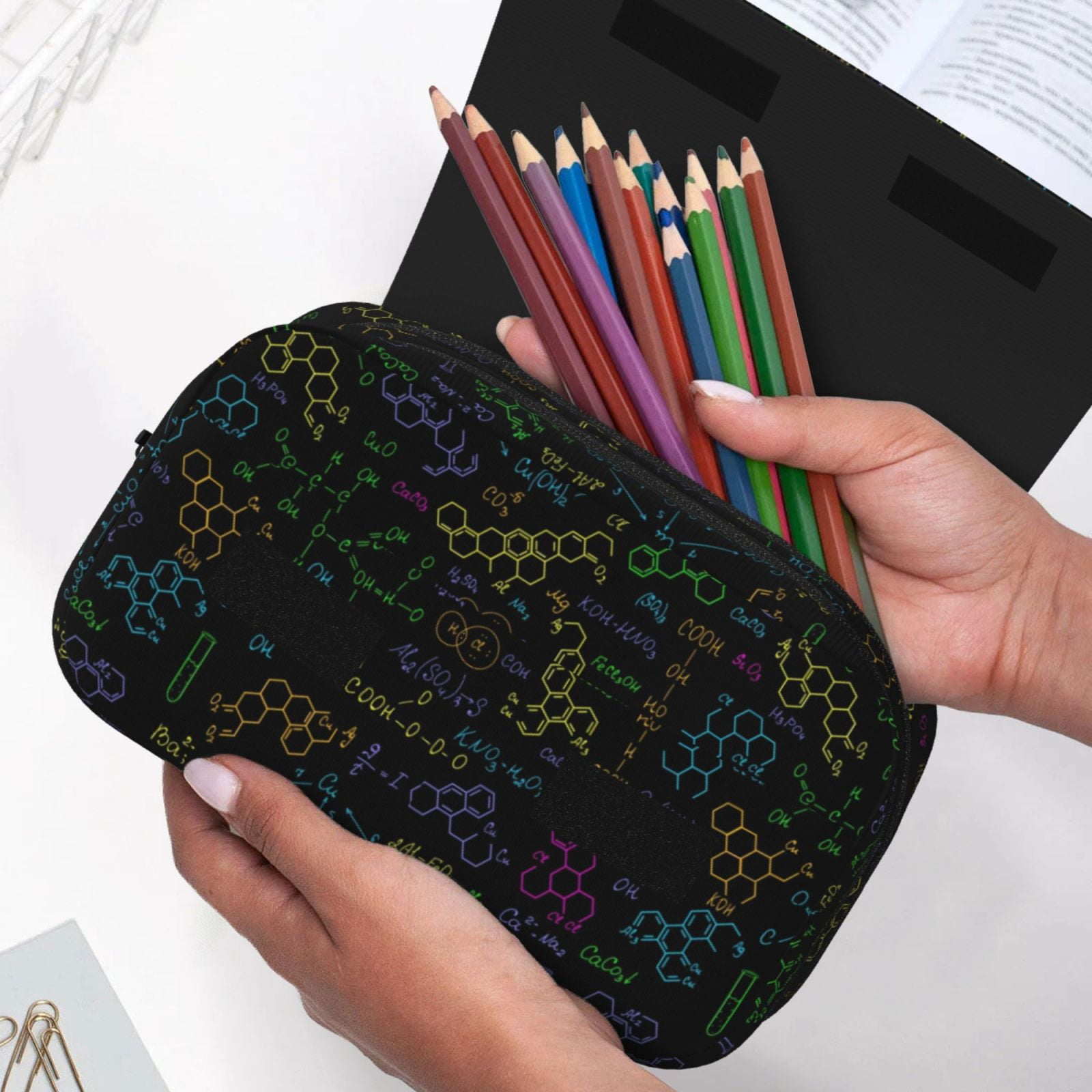 Rateoe Chemistry Formulas Pattern Double Clamshell Pen Case, Storage Organizer with Two Zipper Compartments– Holds Up to 50 Pencils & Pens