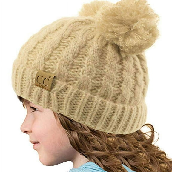 C.C Exclusives Kids Beanie Ages 2-7 Warm Chunky Thick Stretchy Knit Beanie with Double Pom