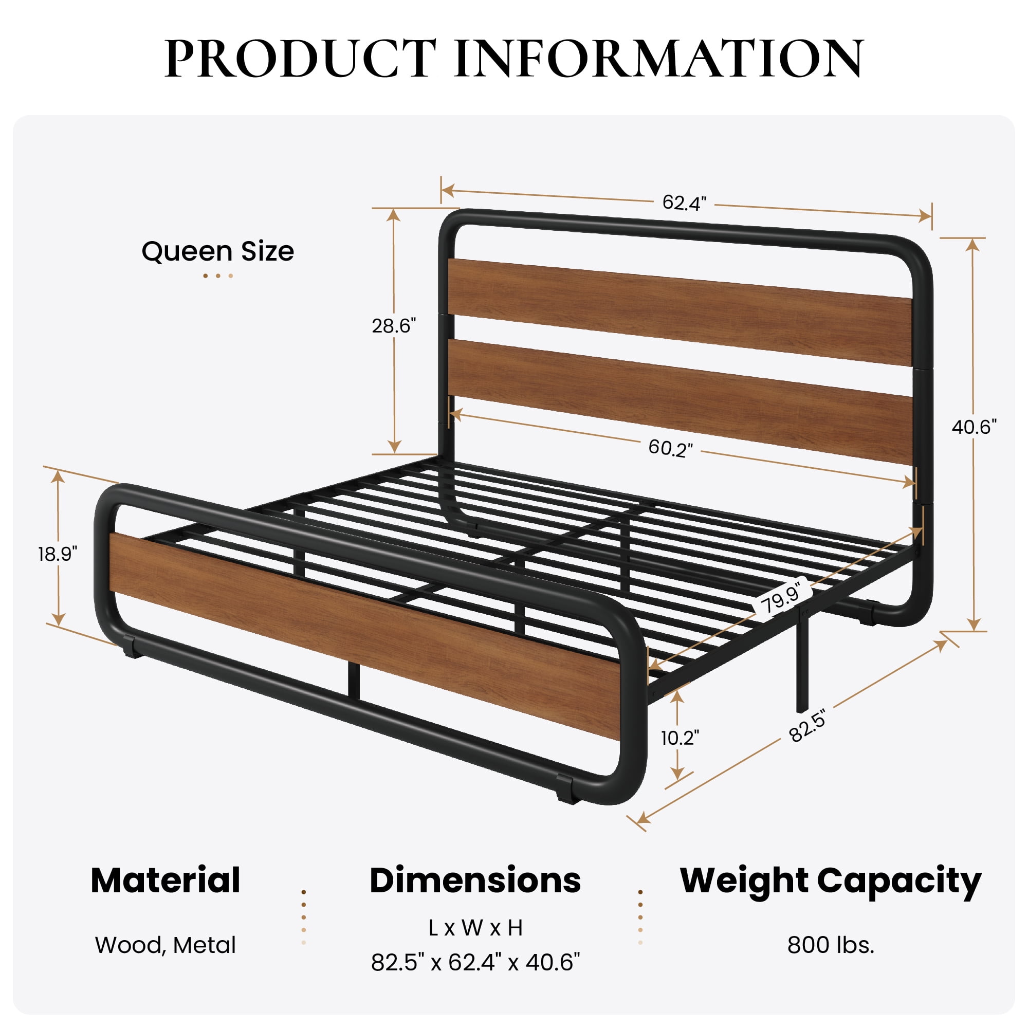 SHA CERLIN Queen Size Metal Bed Frame with Wooden Headboard and Footboard, Heavy Duty Oval-Shaped Platform Bed with Under-Bed Storage, Noise Free, No Box Spring Needed, Vintage Walnut
