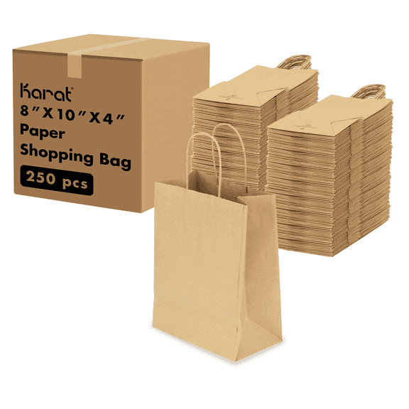 Karat BALBOA (Small) Kraft Paper Gift Bags with Handles - Sturdy & Recyclable Brown Shopping Bags - Recycled Materials - for Retail and Groceries (8.1" x 10.6") - FP-SB100 - 250 pcs